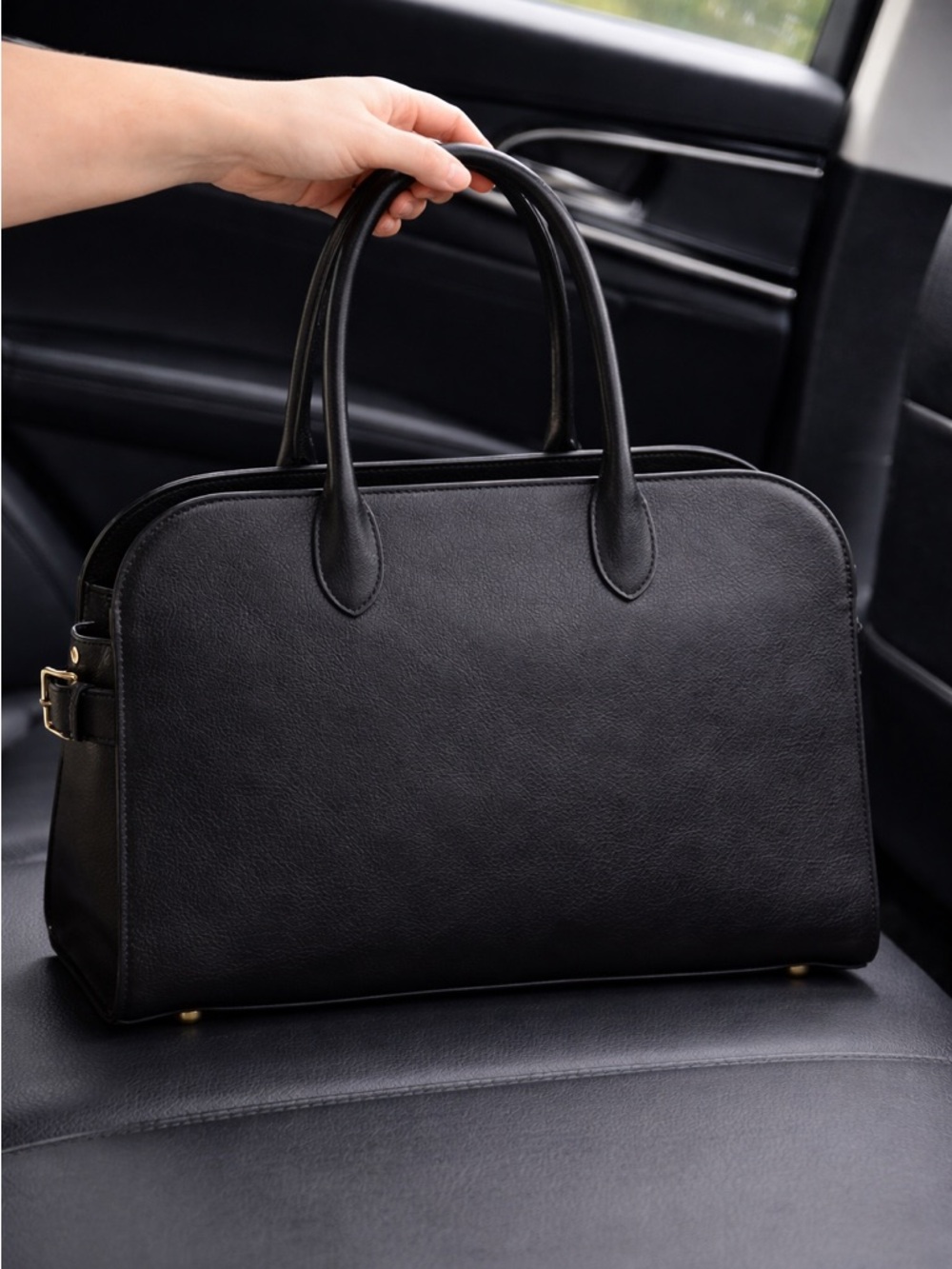 Viral CLAUDIA Structured Black Leather Tote Bag Top Handle Minimal Work Satchel
